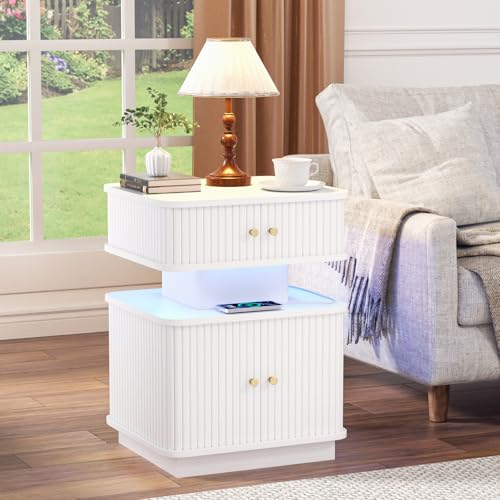 LED End Table with Charging Station, Nightstand, 2 Doors