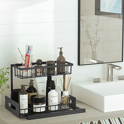 coastal rose Under Sink Organizer and Storage, 2 Tier Under Sink Cabinet Basket Storage Shelf with Sliding Drawers, Multi-Purpose Storage Shelf for Kitchen Bathroom,Black