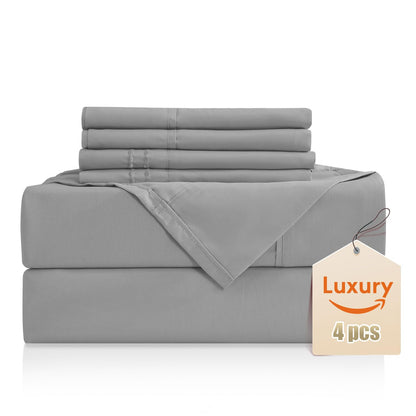 Luxury Silky Soft Bed Sheet Set, 4 Piece,Twin Size, Fits 16 inch Deep Pocket Mattresses, Wrinkle Free & Breathable Cooling, Light Grey Bedding Sheets (Fitted Sheet, Flat Sheet, Pillowcases)