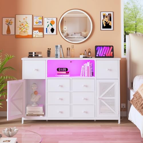 HDDDZSW White Dresser for Bedroom with Charging Station and LED Lights, Chest of Drawers for Bedroom with 8 Fabric Drawers and 2 Doors, Dressers Storage TV Stand for Bedroom, Living Room