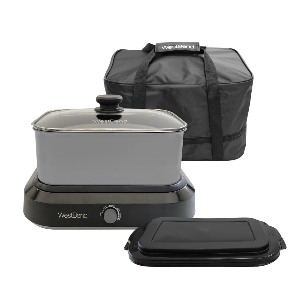 West Bend 87905 Slow Cooker Large Capacity Non-stick Vessel with Variable Temperature Control Includes Travel Lid and Thermal Carrying Case, 5-Quart, Silver