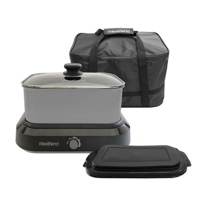 West Bend 87905 Slow Cooker Large Capacity Non-stick Vessel with Variable Temperature Control Includes Travel Lid and Thermal Carrying Case, 5-Quart, Silver