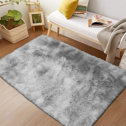 Awaytail Fluffy Rug Non Slip 4x6 Feet, Grey Tie-dye Soft Rugs for Bedroom, Light Grey Super Soft Plush Rug for Living Room