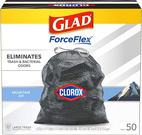 Glad Trash Bags, Large Drawstring Garbage Bags ForceFlex with Clorox, 30 Gallon Black Trash Bags, Mountain Air 50 Count (Package May Vary)