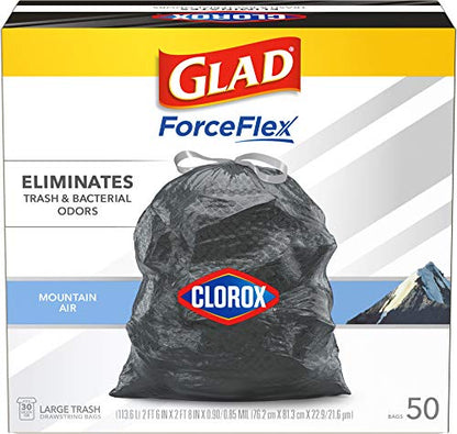Glad Trash Bags, Large Drawstring Garbage Bags ForceFlex with Clorox, 30 Gallon Black Trash Bags, Mountain Air 50 Count (Package May Vary)