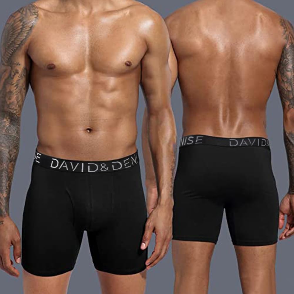 DAVID&DENISE Men's Underwear Soft No-Ride Up Moisture-Wicking Cotton Boxer Briefs Fly Front with Pouch For Men Black 5 Pack Black Size:L