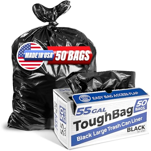 ToughBag 55 Gallon Trash Bags, 55-60 Gallon Trash Bags Heavy Duty (50 COUNT) - Large Black Trash Bags, 50-60 Gallon Garbage Bags for Contractors, Commercial, and Lawn, 35 x 55" - Made in USA