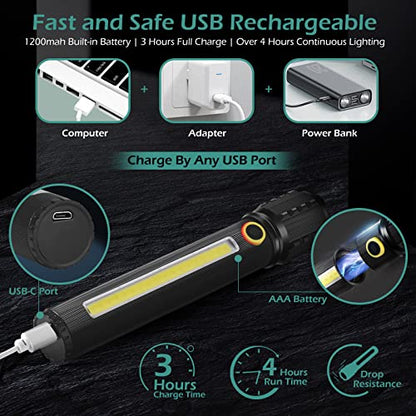 GeeRic LED Tactical Flashlight, 2 Pack Handheld Flashlights 3 Modes, Zoomable Adjustable Lightweight Pocket Size Bright Flashlights, 6.3 Inches Black