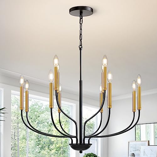Gris Modern Chandelier, 12-Light Black and Gold Chandeliers Light Fixture, Classic Candle Chandelier for Bedroom, Foyer, Hall, Kitchen, Living Room and Entryway