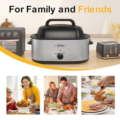 Sunvivi 30lb 26-Quart Roaster Oven, Electric Roaster Oven with Viewing Lid, Turkey Roaster with Unique Defrost/Warm Function, Large Roaster with Removable Pan & Rack, Stainless Steel, Silver