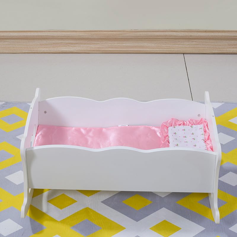Wooden Baby Doll Cradle with Bedding for Kids