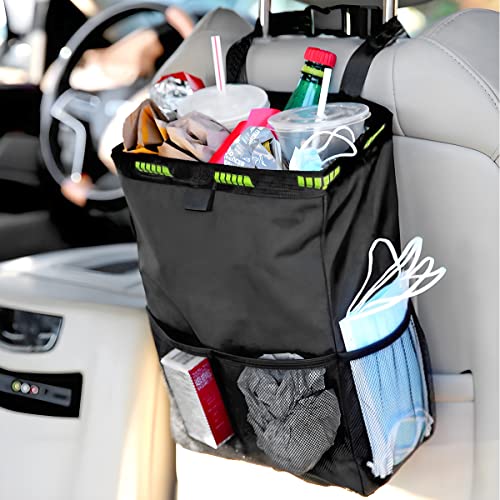 8sanlione Car Trash Can with Storage Pockets, Foldable Hanging Large Capacity Garbage Bin, Leak-Proof Waterproof Trash Bin, Multipurpose Organizer Car Accessories for Truck SUV Home Office (Black)