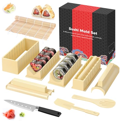 HI NINGER Sushi Making Kit- All In One Sushi Set 10 Piece Plastic Sushi Maker Tool with 8 Different Shapes of Sushi Rice Roll Mold Shapes Fork Spatula DIY home Sushi Tools- Off-white
