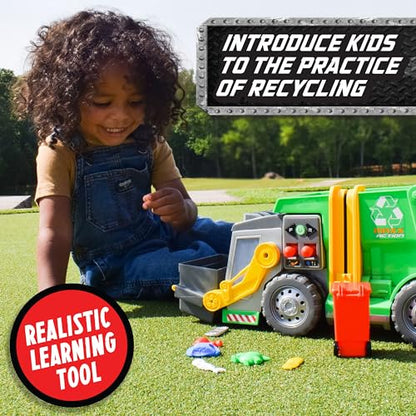 Maxx Action 3-N-1 Maxx Recycler – Large Motorized Garbage Truck Toy for Kids – Learning Activity Vehicle Includes Dumpster, Trash Bin and Miniature Trash Pieces – Green, 19 Inches