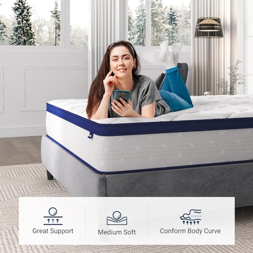 Avenco Queen Size Mattress, 12 Inch Hybrid Mattress in a Box with Comfort Foam, Individually Wrapped Pocket Innerspring for Motion Isolation & Pain Relief, CertiPUR-US Certified Queen Mattress