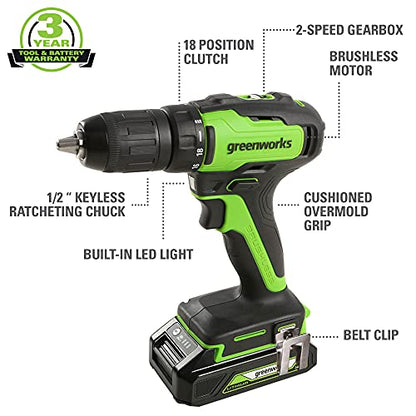 Greenworks 24V Brushless Drill / Driver, 2Ah USB Battery and Charger Included