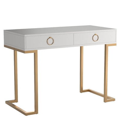 Nathan James Leighton Two-Drawer Writing Glam Accents Brass, Home Office Computer Desk or Vanity Table, 2, White/Gold, Small