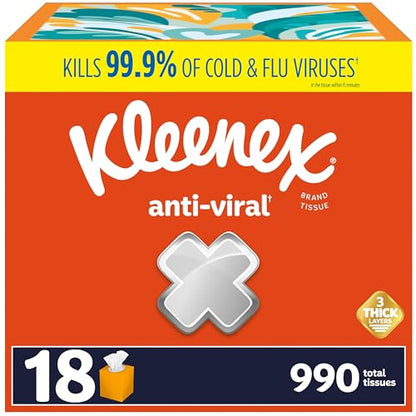Kleenex Anti-Viral Facial Tissues, Classroom or Office Tissue, 18 Cube Boxes, 55 Tissues per Box, 3-Ply (990 Total Tissues)