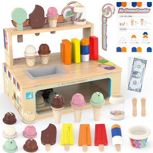 52-Piece Wooden Ice Cream Counter Pretend Playset