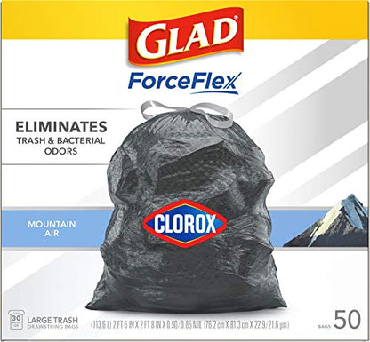 Glad Trash Bags, Large Drawstring Garbage Bags ForceFlex with Clorox, 30 Gallon Black Trash Bags, Mountain Air 50 Count (Package May Vary)