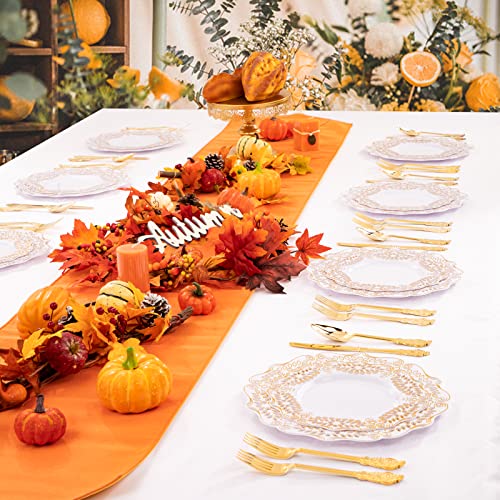 UPDATE: SOLD OUT! BUCLA 125PCS Gold Plastic Plates with Disposable Cutlery - White and Gold Plastic Dinnerware Include 25 Gold Dinner Plates, 25 Gold Dessert Plates, 25 Knives, 25 Forks, 25 Spoons for Thanksgiving