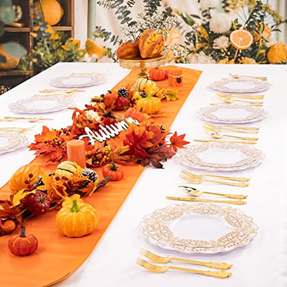 UPDATE: SOLD OUT! BUCLA 125PCS Gold Plastic Plates with Disposable Cutlery - White and Gold Plastic Dinnerware Include 25 Gold Dinner Plates, 25 Gold Dessert Plates, 25 Knives, 25 Forks, 25 Spoons for Thanksgiving