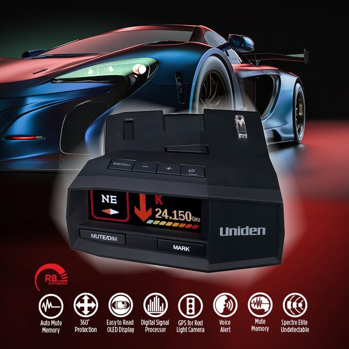 UNIDEN R8 Extreme Long-Range Radar/Laser Detector, Dual-Antennas Front & Rear Detection w/Directional Arrows, Built-in GPS w/Real-Time Alerts, Voice Alerts, Red Light Camera and Speed Camera Alerts