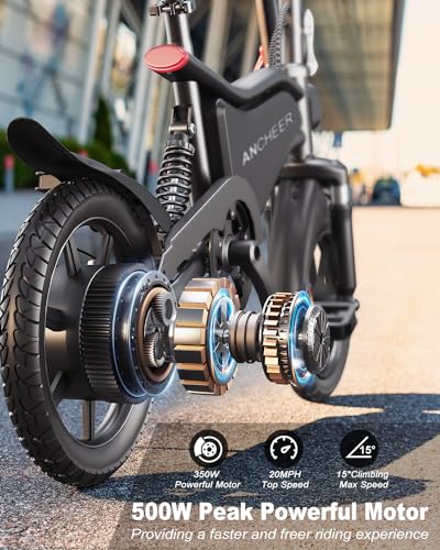 ANCHEER 14" Electric Bike for Adults, 20MPH Folding Electric Mini Bike, 48V 374Wh Battery, Up to 45 Miles, Dual Shock Absorber, Brake Taillight, Cruise Control, LCD Display (Country)