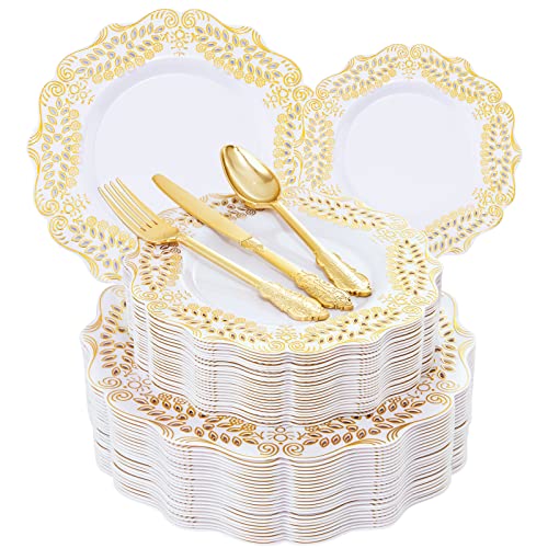 UPDATE: SOLD OUT! BUCLA 125PCS Gold Plastic Plates with Disposable Cutlery - White and Gold Plastic Dinnerware Include 25 Gold Dinner Plates, 25 Gold Dessert Plates, 25 Knives, 25 Forks, 25 Spoons for Thanksgiving