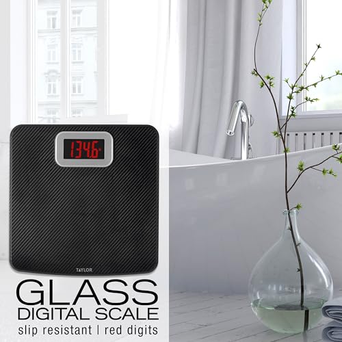 Taylor Digital Scales for Body Weight, High 440 LB Capacity, Carbon Fiber with Anti-slip finish, Readout with Red Digits, Auto On and Off Scale, 11.8 x 11.8 Inches, Black