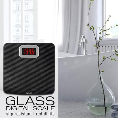 Taylor Digital Scales for Body Weight, High 440 LB Capacity, Carbon Fiber with Anti-slip finish, Readout with Red Digits, Auto On and Off Scale, 11.8 x 11.8 Inches, Black
