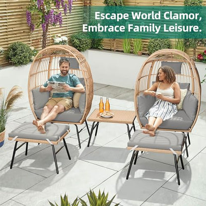 YITAHOME Outdoor Egg Chair with Footrest, Patio Wicker Basket Chair with 2-in-1 Ottoman, Indoor Egg Chairs with Stand & Cushion Cocoon Chair for Bedroom, Outside, Balcony (Grey)