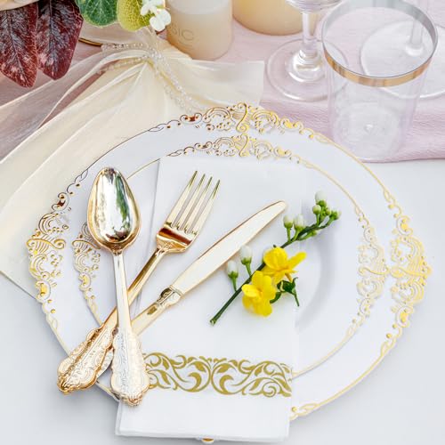 Nervure 350PCS Gold Plastic Plates - Gold Plastic Dinnerware Sets for 50 Guests - 100 Gold Disposable Plates, 150 Gold Plastic Silverware, 50 Cups, 50 Napkins for Wedding & Party