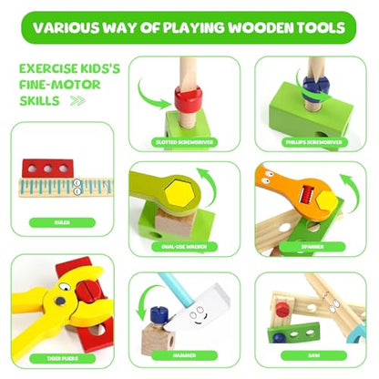 Tool Kit for Kids - 41 Pcs Wooden Toddler Tools Set Include Tool Box & DIY Stickers, Montessori Educational STEM Construction Toys for 2 3 4 5 6 Years Old Boys Girls, Birthday Gift for Kids