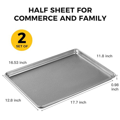 HONGBAKE Aluminum Cookie Sheets for Baking, 2-Pack Commercial Quality Half Sheet Pan, Baking Sheets Non Stick with 50 PCS Parchment Paper, 12.8 x 17.7 in, Silver