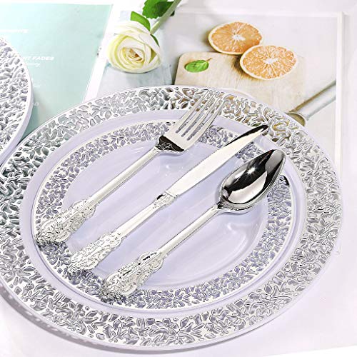 WDF 360 Pieces Silver Plastic Silverware- Disposable Flatware - Heavyweight Plastic Cutlery- Includes 120 Forks, 120 Spoons, 120 Knives