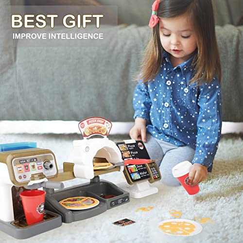 deAO Pretend Play Store Coffee Playset Kids Coffee Maker Play Set Pizzas Shop with Cash Register 30pcs STEM Toy for Kids Pre-School Pretend Toy for Toddlers Boys & Girls Age 3+