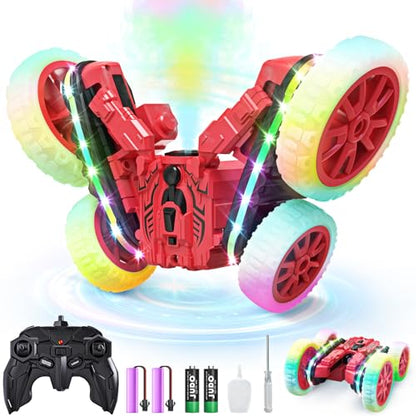 Jimdella Remote Control Car,RC Cars with Sides Light and Headlights,360°Rotating 4WD Spray RC Stunt Car,2.4Ghz All Terrain Toy Car for Boys Age 4-7 Kids Toy for 8-12 Boys Girls Birthday Gift(Red)