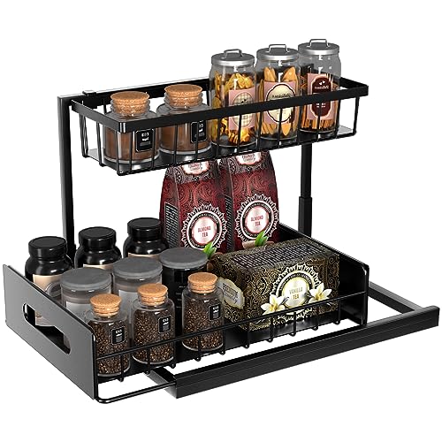 coastal rose Under Sink Organizer and Storage, 2 Tier Under Sink Cabinet Basket Storage Shelf with Sliding Drawers, Multi-Purpose Storage Shelf for Kitchen Bathroom,Black