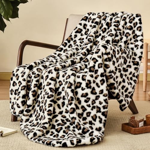 Leopard Print Sherpa Fleece Throw Blanket, Reversible, 50x60