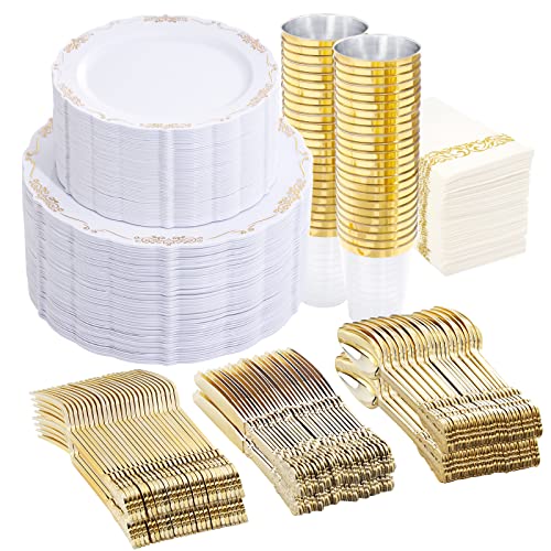 350 Piece Gold Plastic Dinnerware Set with Silverware