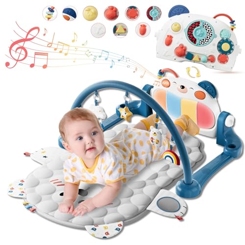 Lauon Baby Play Gym Mat, Bear Shaped 500,000 Tolerance Kick and Double Side Piano Thicken Activity Mat w 5 Detachable Toys, Tummy Time Mat Promote Motor Skills & Sensory Development Mat for Newborn