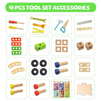 Tool Kit for Kids - 41 Pcs Wooden Toddler Tools Set Include Tool Box & DIY Stickers, Montessori Educational STEM Construction Toys for 2 3 4 5 6 Years Old Boys Girls, Birthday Gift for Kids