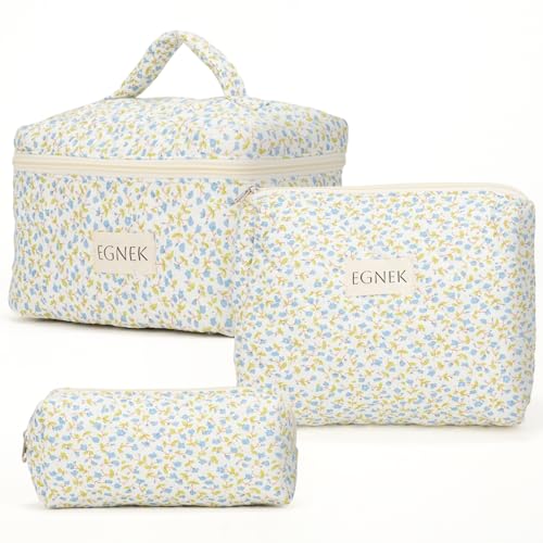 3 Piece Quilted Makeup Bag Set Travel Cosmetic Pouches