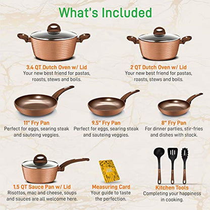NutriChef Professional 12-Piece Brown Nonstick Cookware - PFOA/PFOS-Free, Heat Resistant Lacquer, Elegant Design, Multi-Sized Pots and Pans