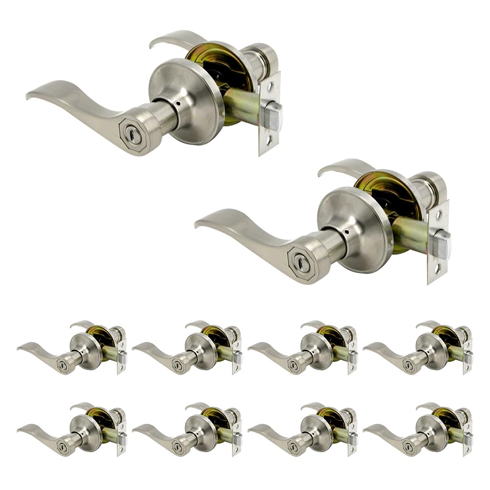 GOHATI Privacy Door Lever, Stain Nickel Interior Door Handle Keyless Wave Style Door Handle for Bedroom, 10 Pack