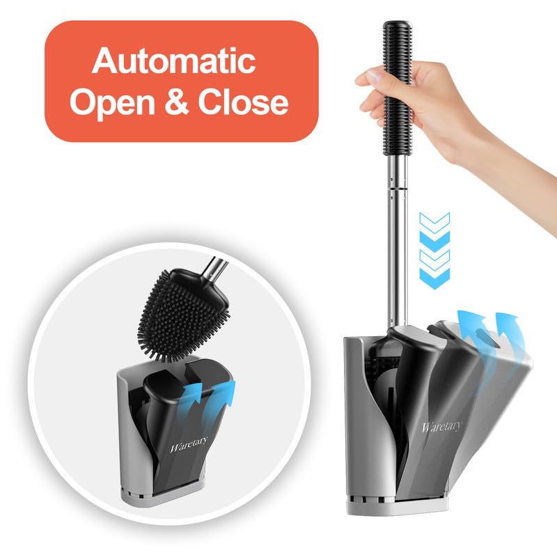 Silicone Toilet Bowl Brush with Holder: Long Handle Toilet Brush and Holder Set for Bathroom, Wall Mounted Toilet Scrubber Cleaner Brush(Black&Grey)