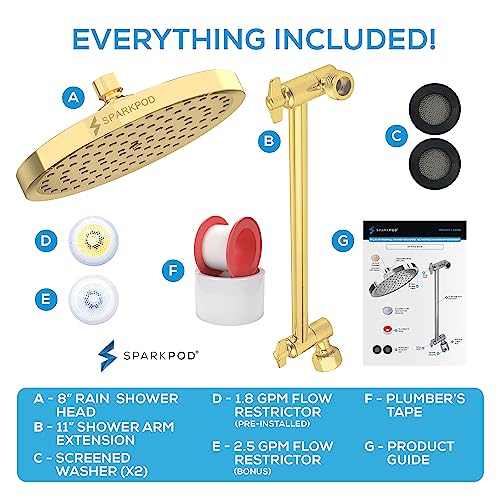 SparkPod Round Rain Shower Head with Shower Head Extension Arm - High Pressure Rain - Luxury Modern Look - No Hassle Tool-less 1-Min Installation (11" Shower Arm Extension, Egyptian Gold)