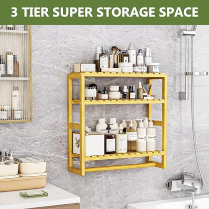 Bamboo Floating Shelves Bathroom Storage 3-Tier - Multifunctional Adjustable Over Toilet Rack Bathroom Organizer for Space-Saving Wall Mount Storage Used in The Kitchen/Living Room(Bamboo)