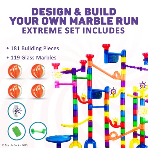 Marble Genius Marble Run - Maze Track Easter Toys for Adults, Teens, Toddlers, or Kids Aged 4-8 Years Old, 300 Complete Pieces (181 Translucent Marbulous Pieces + 119 Glass-Marble Set), Extreme Set